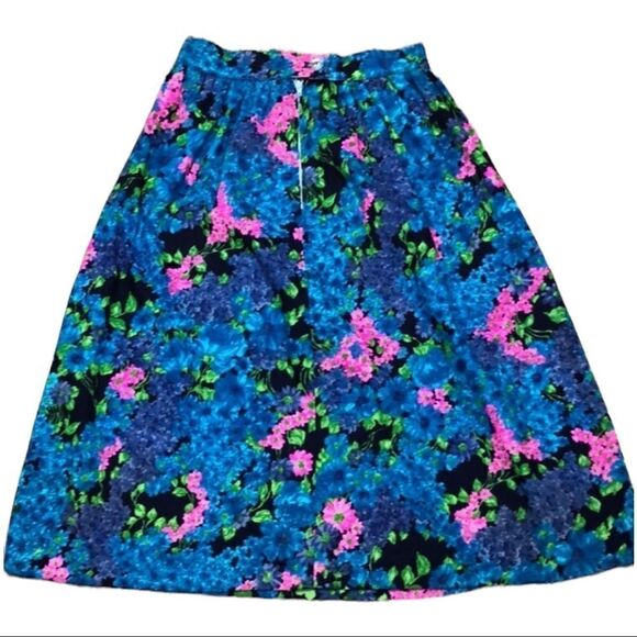 Vintage 60s 70s Handmade Floral Mini Skirt Blue Pink Green High Waist Pleated - Picture 5 of 10